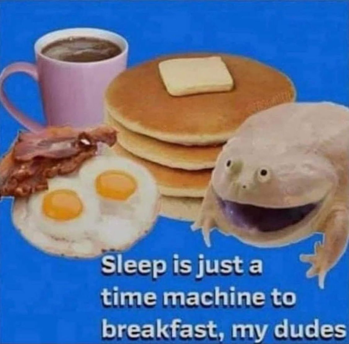 A meme with a frog
and breakfast items, text reads: 'Sleep is just a time machine to breakfast, my dudes.'